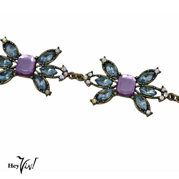 Vintage Statement Rhinestone Bracelet Purple and Blue Flowers 9" Long - Hey Viv - Picture 4 of 6
